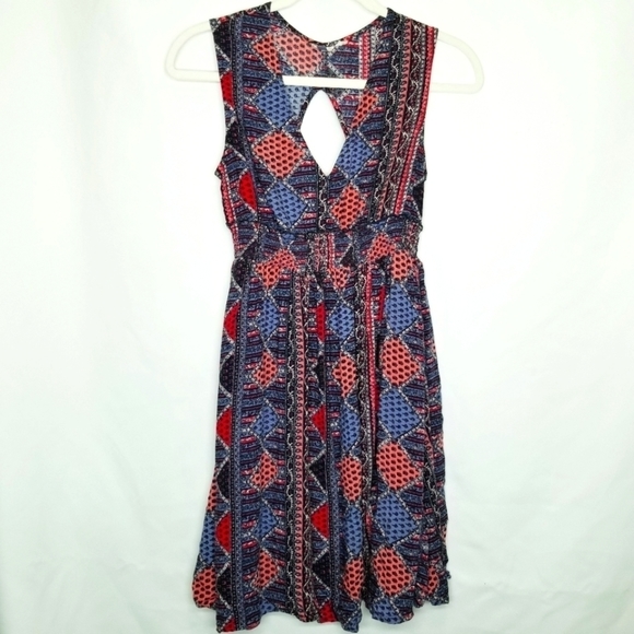 Roxy Dress V-neck Pink Purple Blue Patchwork Print Design Smocked cut out back S - Picture 1 of 14